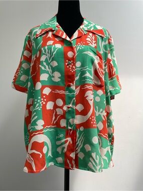 RIXO Rickie 100% Silk Mermaid Print Camp Shirt Blouse M